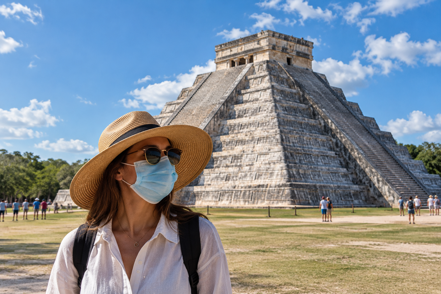 Voyageuse portant un masque devant la pyramide de Chichén Itzá