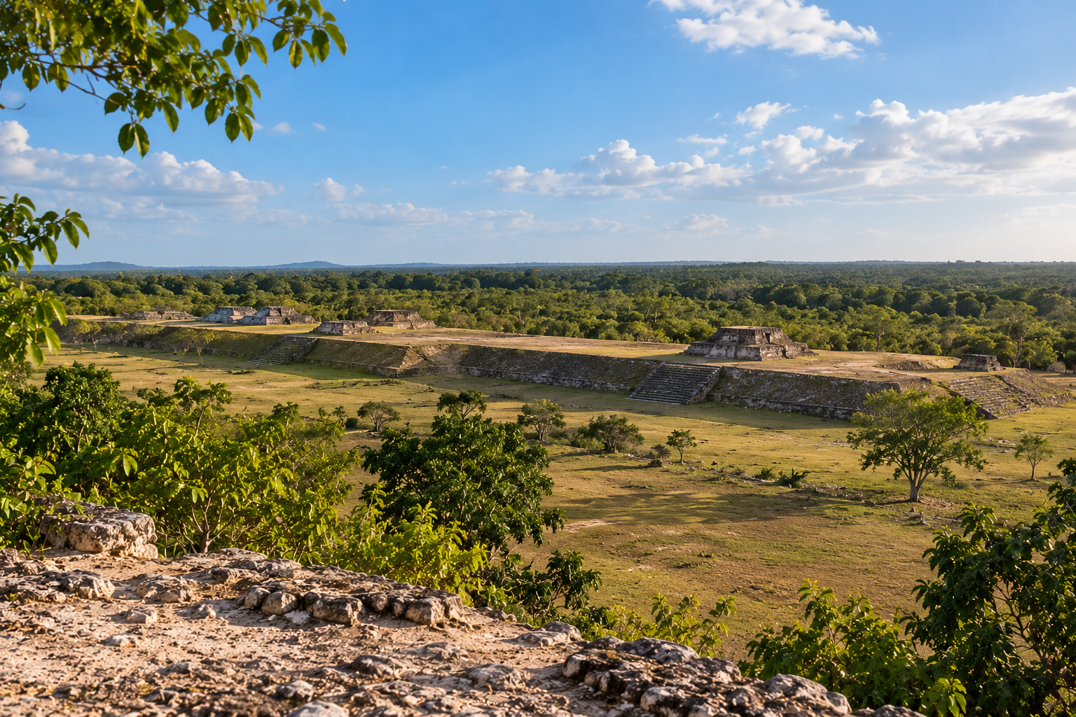 Grande plateforme basse et petites pyramides mayas au milieu de la végétation