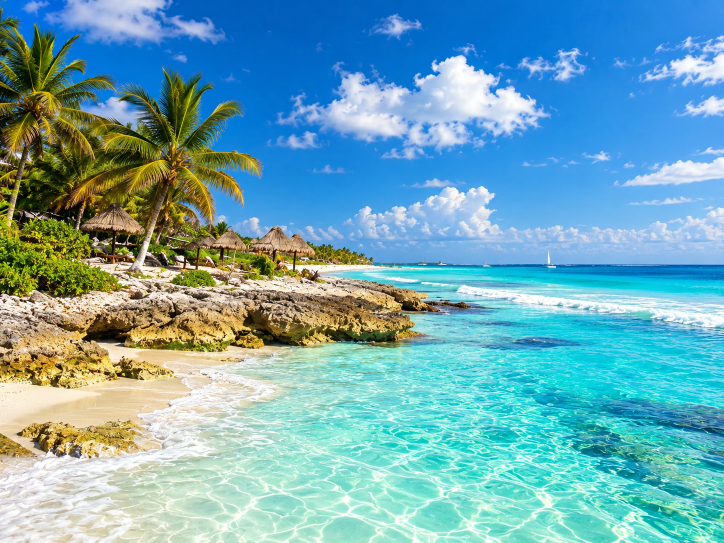 Plage des Caraïbes mexicaines, eau turquoise et palmiers
