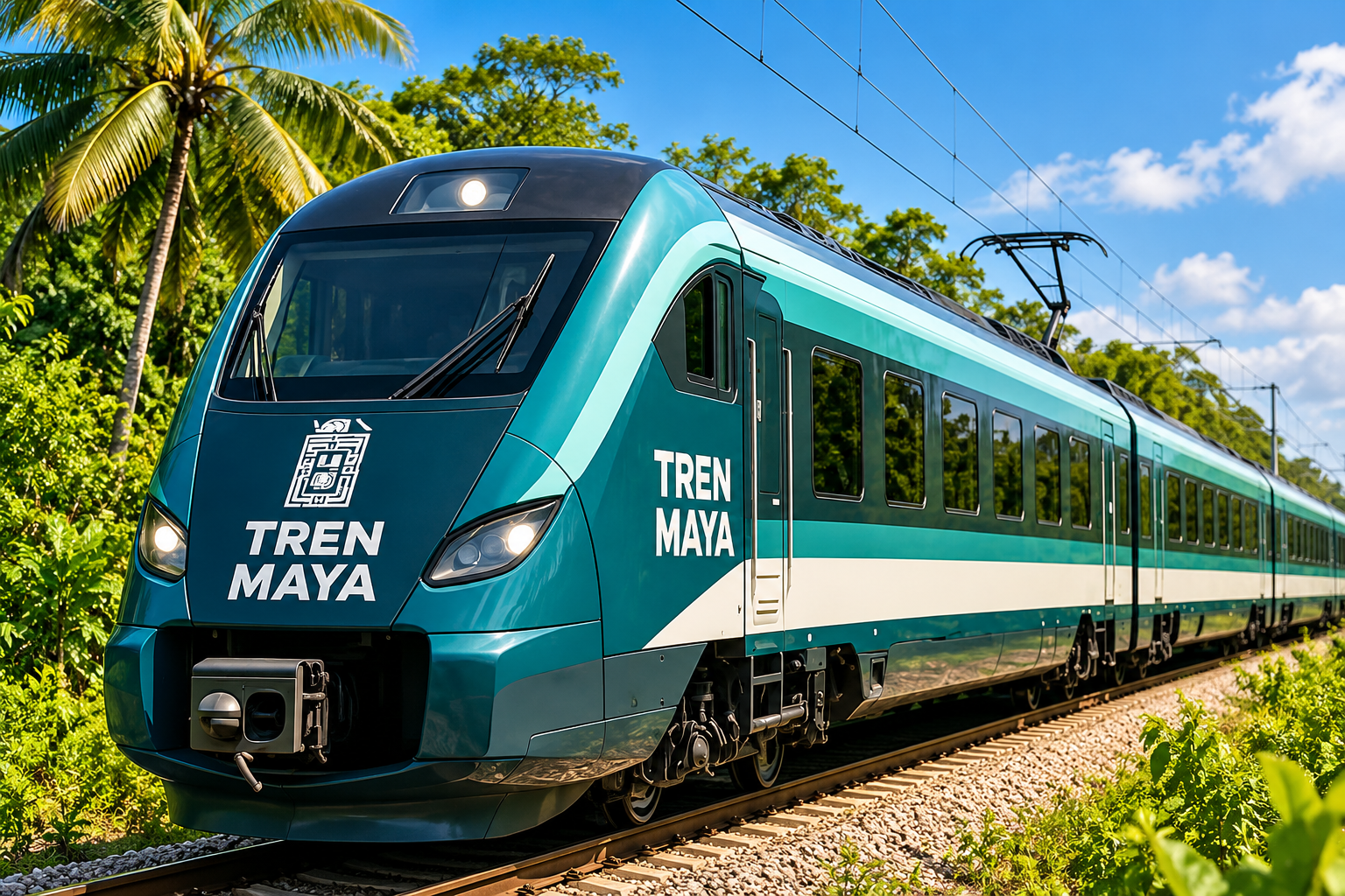 Train Maya turquoise circulant dans la végétation tropicale